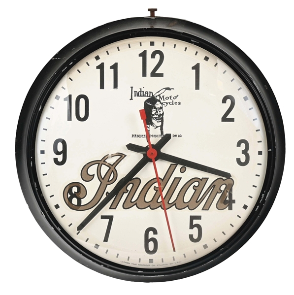LATHEM TIME RECORDER CLOCK W/ INDIAN MOTORCYCLE ADVERTISING DECALS. 