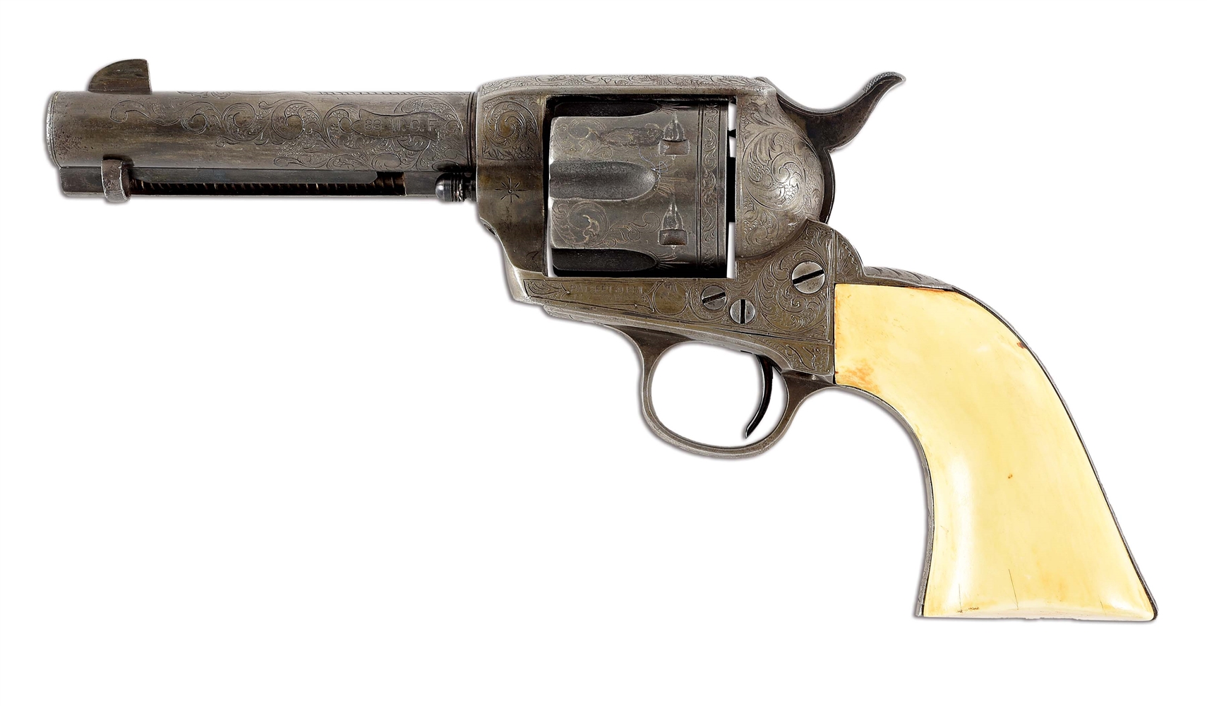 (A) CUSTOM ENGRAVED COLT SINGLE ACTION ARMY REVOLVER WITH IVORY GRIPS & FACTORY LETTER.