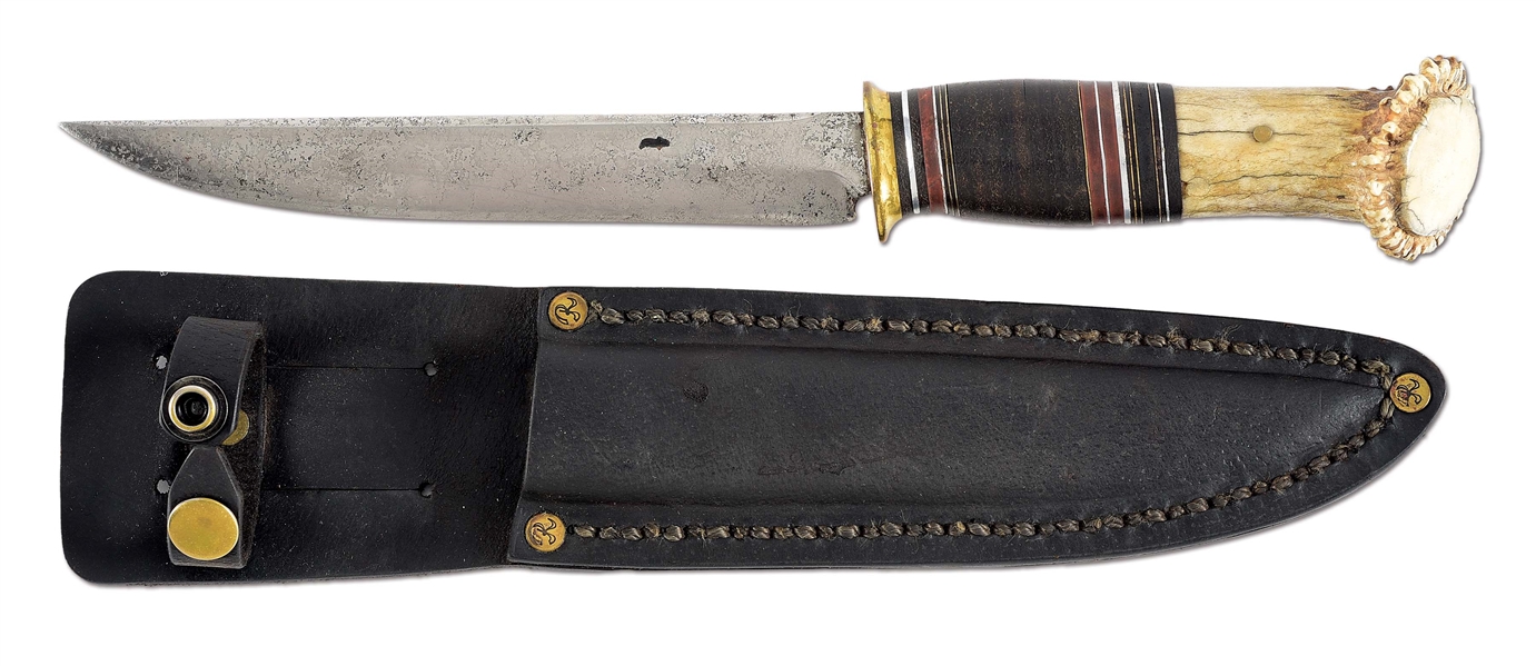 ATTRACTIVE SCAGEL DROP POINT KNIFE WITH SCABBARD.