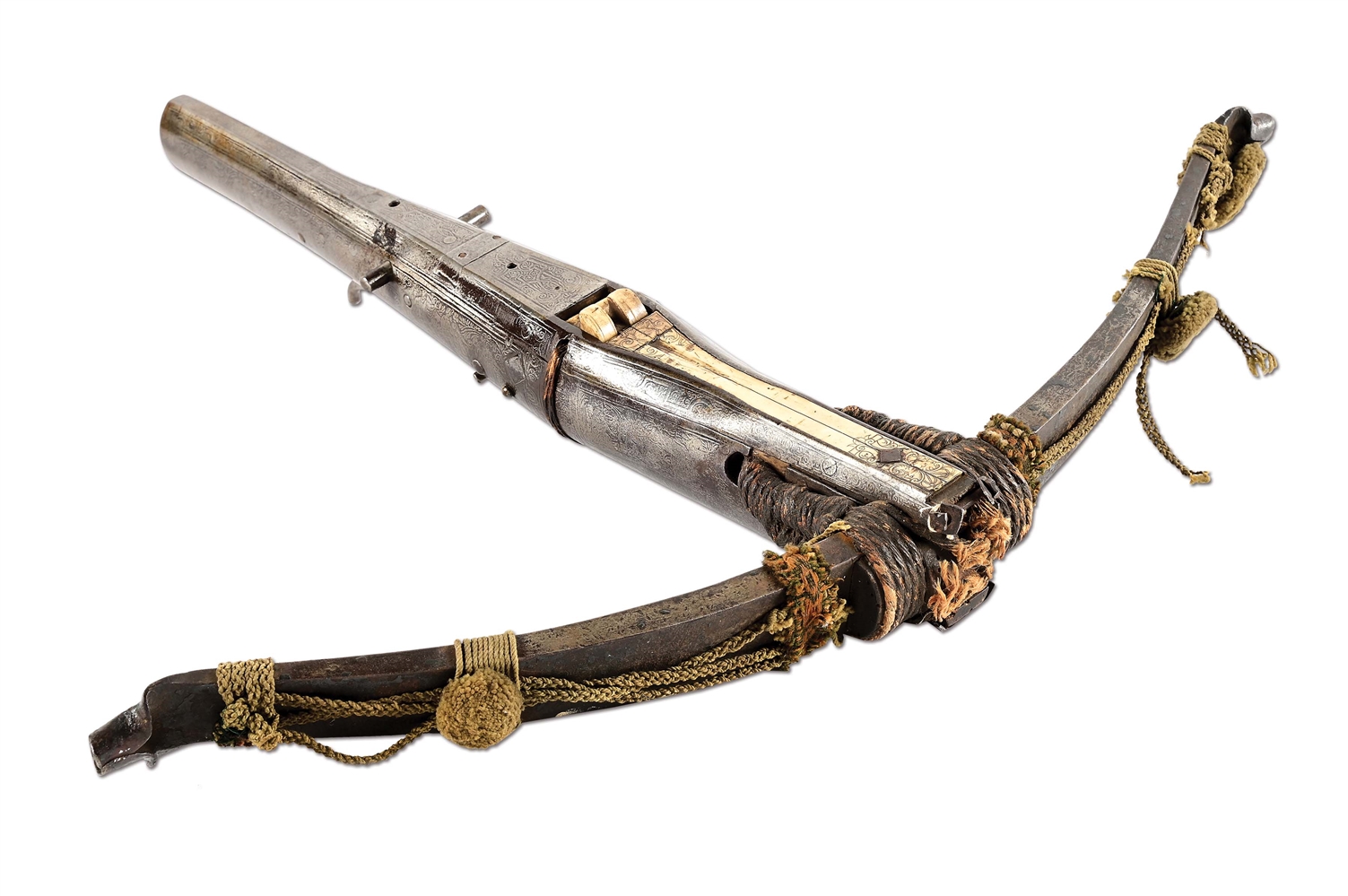 AN EXTREMELY RARE, LATE 16TH CENTURY, GERMAN SHEET STEEL COVERED CROSSBOW, ACID ETCHED THROUGHOUT, ATTRIBUTED TO ULRICH KRELL, WITH CRANEQUIN, EX. LATTIMER.