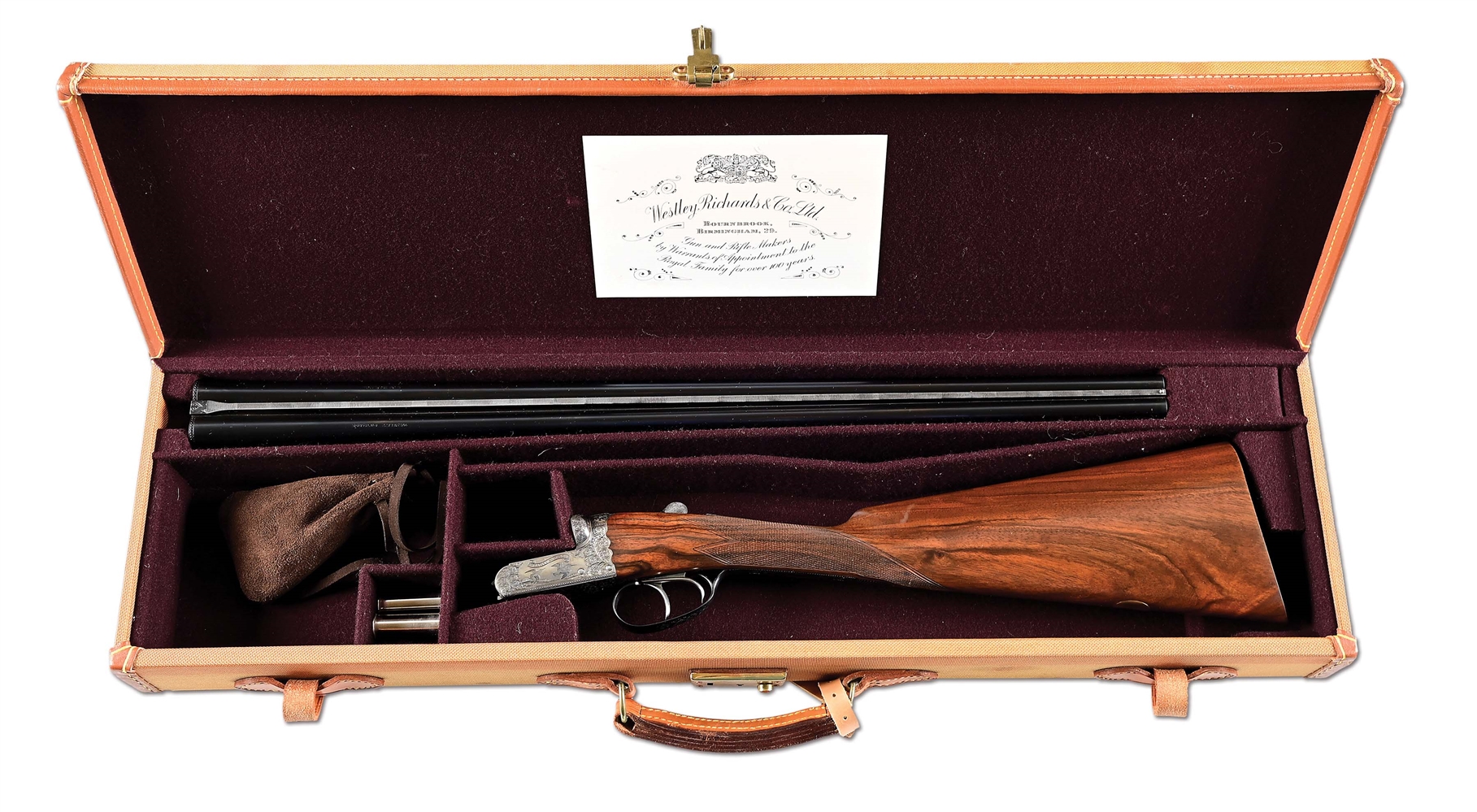(C) WESTLEY RICHARDS 28 GAUGE SIDE BY SIDE SHOTGUN WITH CASE AND EXTRA STOCK.