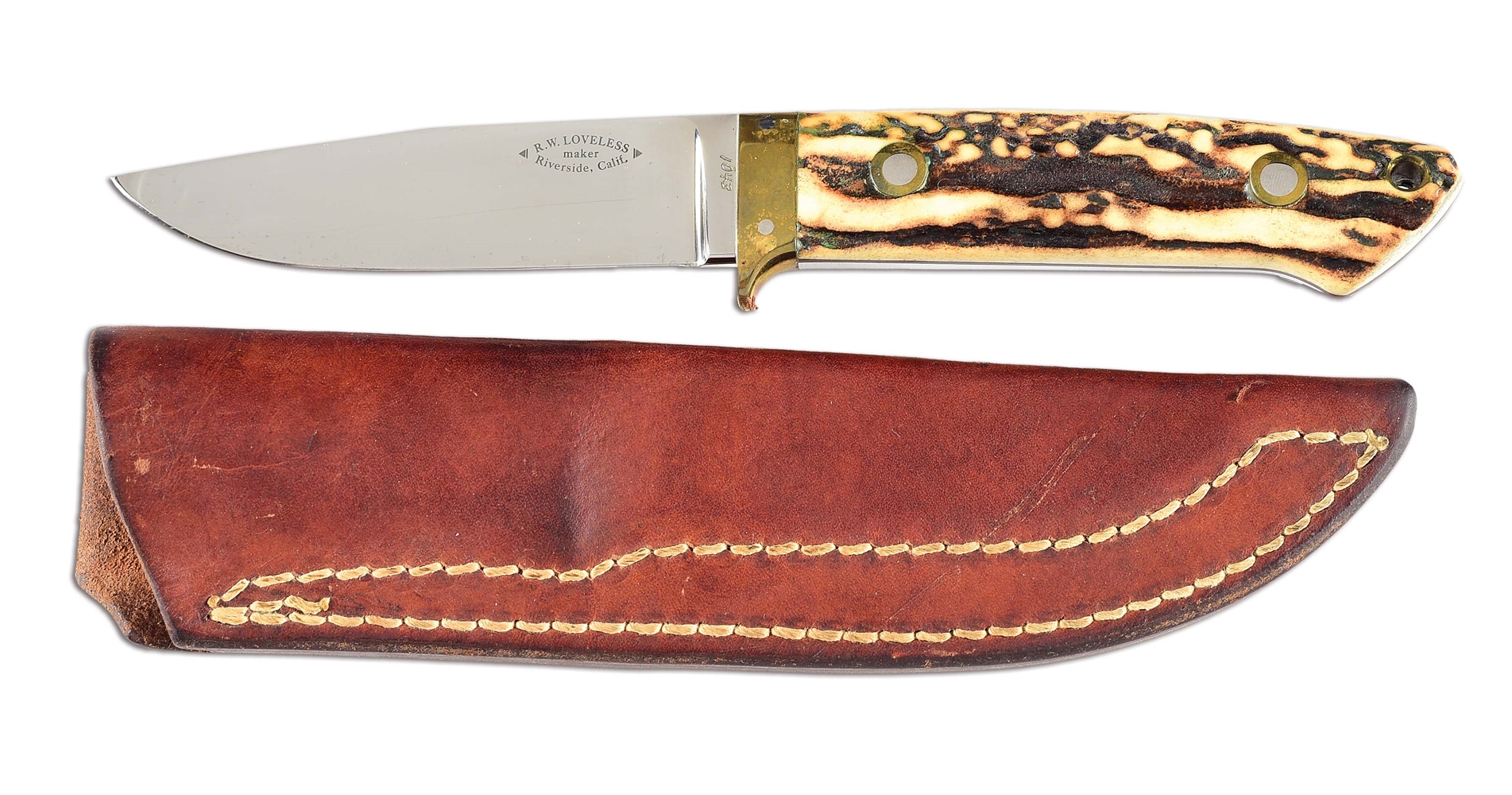 R.W. LOVELESS STAG HANDLE KNIFE WITH MATCHING SHEATH.