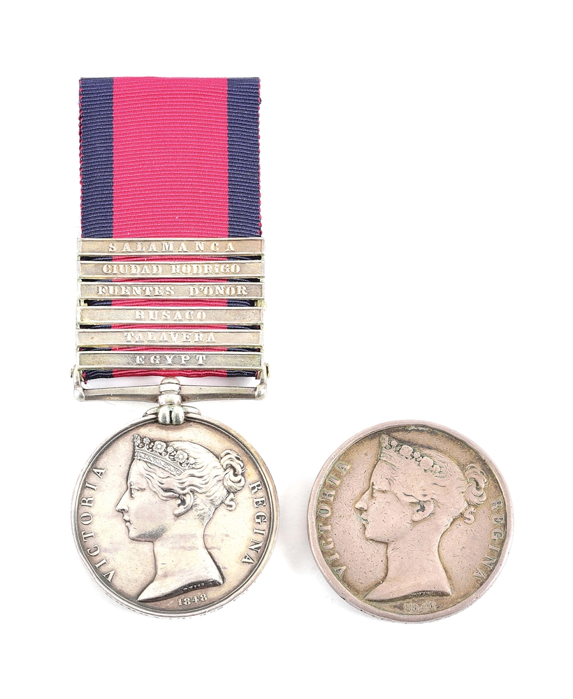 LOT OF 2: NAMED BRITISH MILITARY GENERAL SERVICE MEDALS 1793-1814, 1 WITH 6 CLASPS.