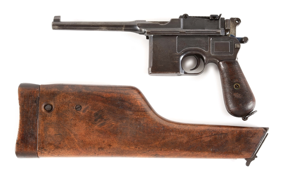 (C) MAUSER C96 WARTIME COMMERCIAL SEMI-AUTOMATIC PISTOL WITH MATCHING WOOD STOCK HOLSTER WITH UNUSUAL THIRD REICH INK STAMP.