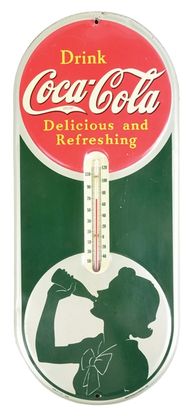 DRINK COCA-COLA DELICIOUS AND REFRESHING TIN THERMOMETER.