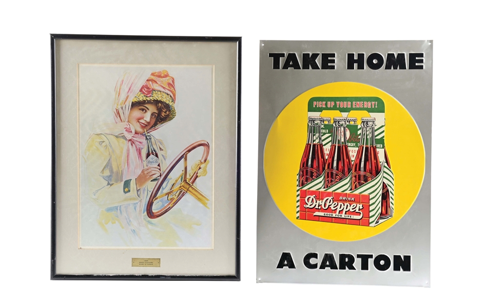 LOT OF 2: DRINK DR. PEPPER TIN SIGN AND FRAMED COCA-COLA ADVERTISEMENT.