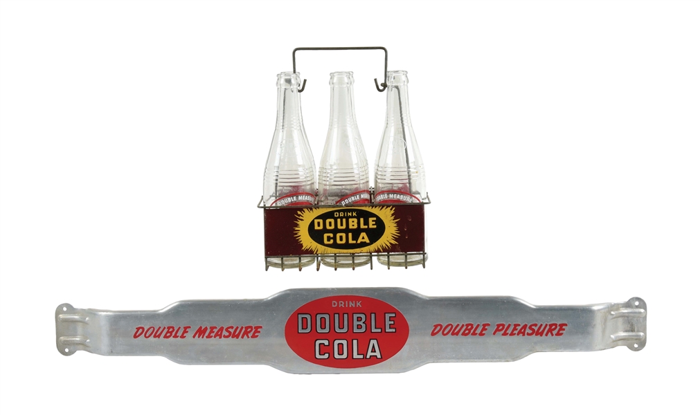 LOT OF 2: DRINK DOUBLE COLA SIGN AND WIRE CASE W/ BOTTLES.