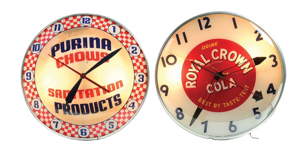 LOT OF 2: ROYAL CROWN SODA AND PURINA CHOW LIGHT-UP CLOCKS.