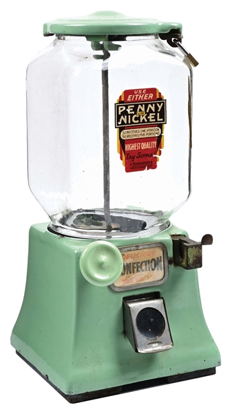  1¢ AND 5¢ NORTHWESTERN MODEL 31 GUMBALL MACHINE IN GREEN PORCELAIN.