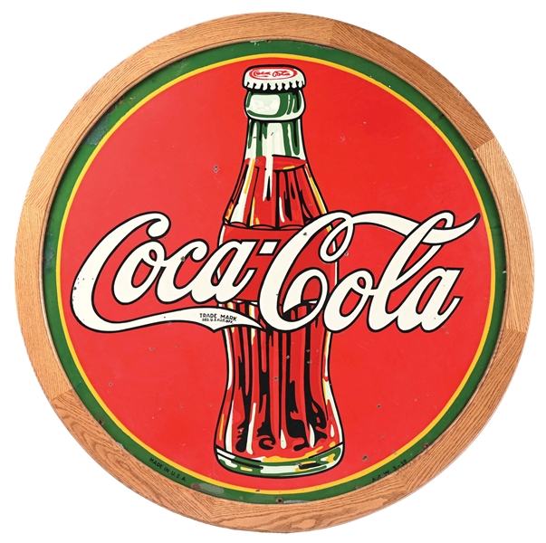 NICELY FRAMED COCA-COLA PAINTED TIN SIGN W/ BOTTLE GRAPHIC.