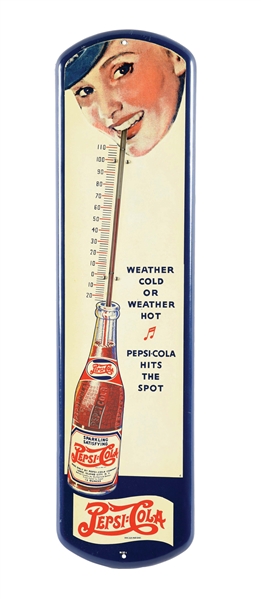 OUTSTANDING PEPSI-COLA TIN LITHOGRAPH THERMOMETER W/ STRAW GIRL GRAPHIC.
