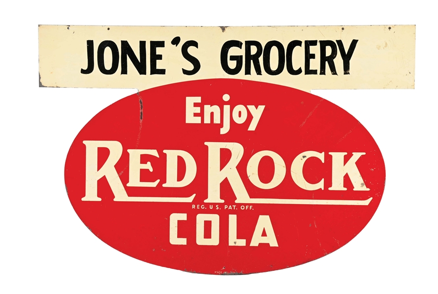 "JONES GROCERY" RED ROCK COLA DOUBLE-SIDED TIN SIGN.