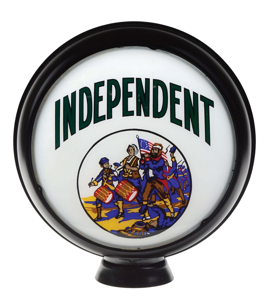 RARE INDEPENDENT GASOLINE 15" SINGLE GLOBE LENS W/ MARCHING PATRIOTS GRAPHIC ON BLACK HIGH PROFILE METAL BODY. 