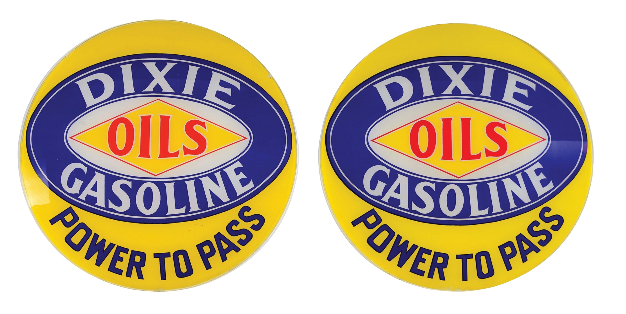 SET OF 2: DIXIE GASOLINE "POWER TO PASS" 13.25" GLOBE LENSES.