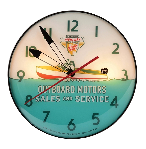 MERCURY OUTBOARD MOTORS SALES & SERVICE GLASS FACE ADVERTISING PAM CLOCK W/ BOAT GRAPHIC. 