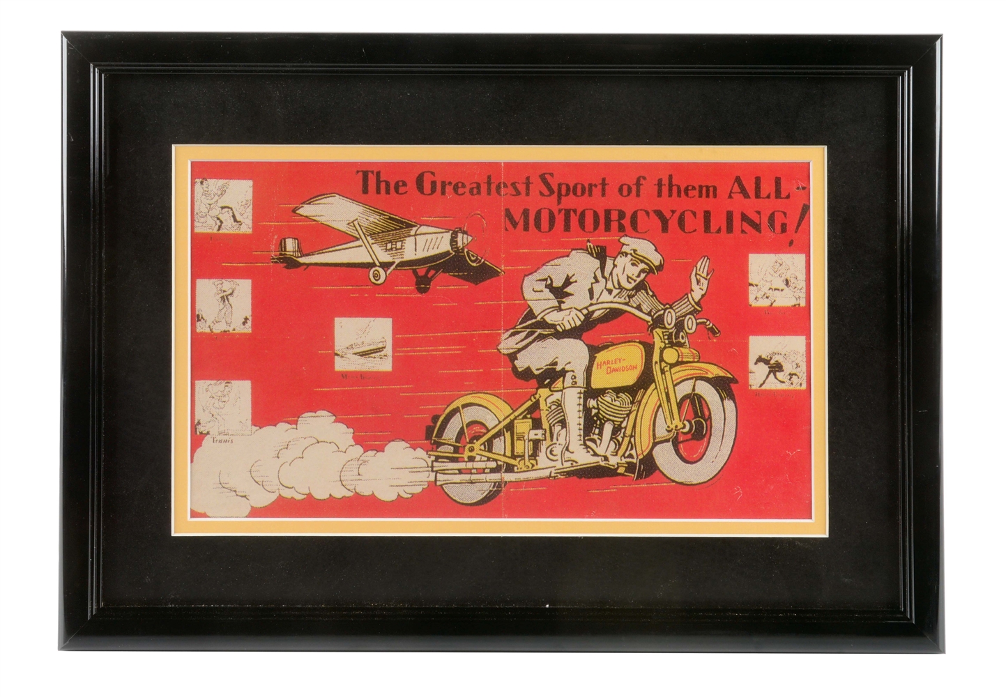 HARLEY DAVIDSON MOTORCYCLES "GREATEST SPORT OF THEM ALL" FRAMED ADVERTISEMENT. 