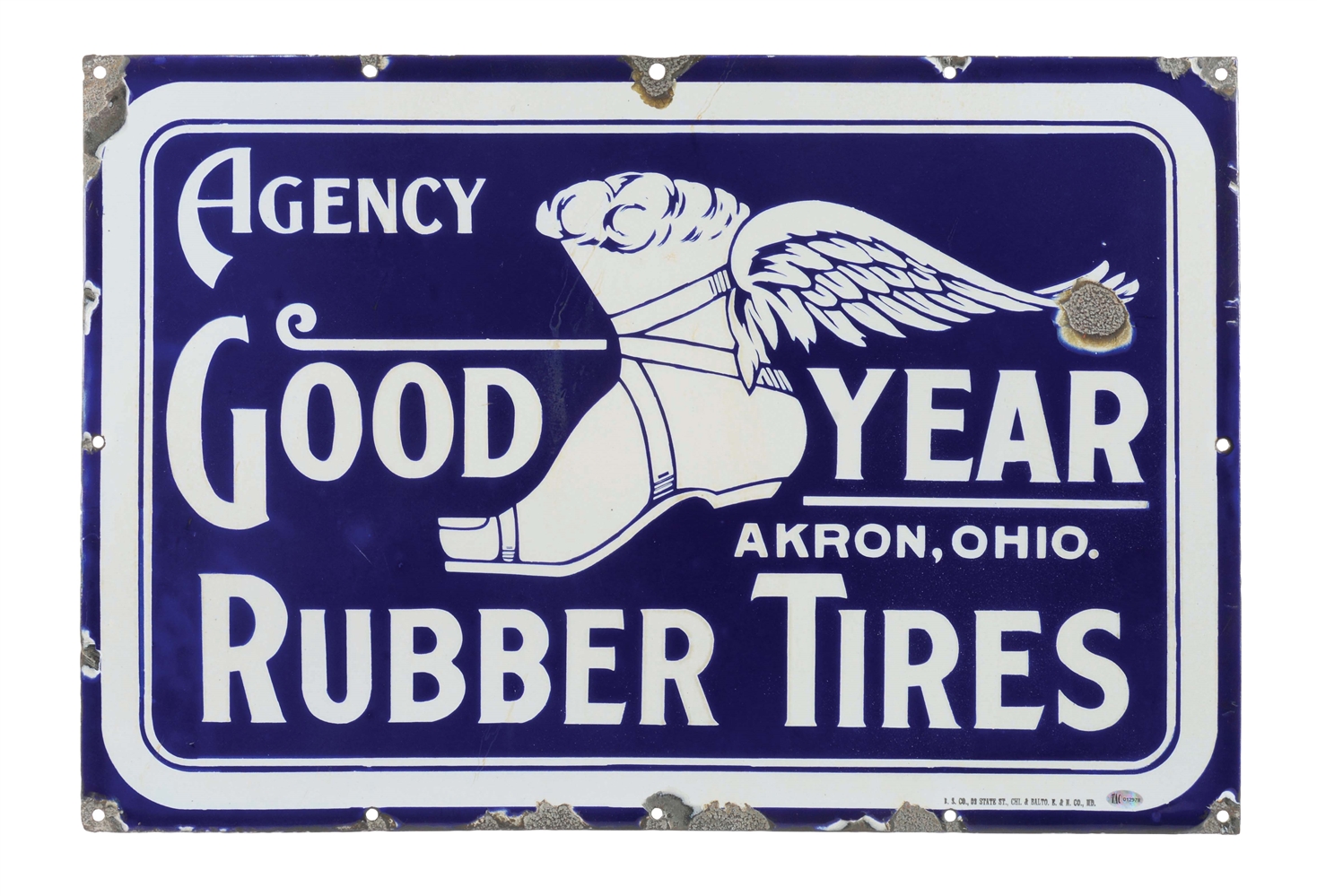 GOODYEAR RUBBER TIRES AGENCY PORCELAIN SIGN W/ EARLY WINGED FOOT GRAPHIC. 