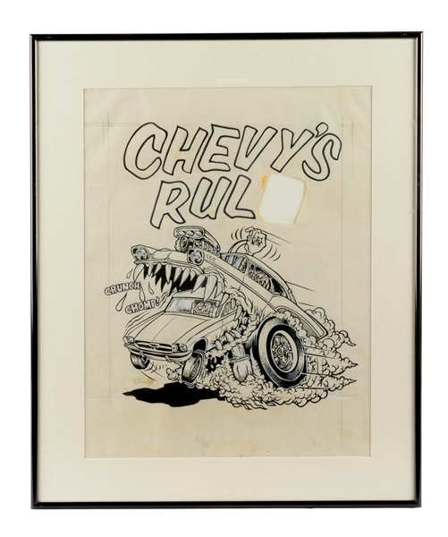 ED ROTH "CHEVYS RUL" HAND PAINTED ORIGINAL FRAMED ARTWORK. 