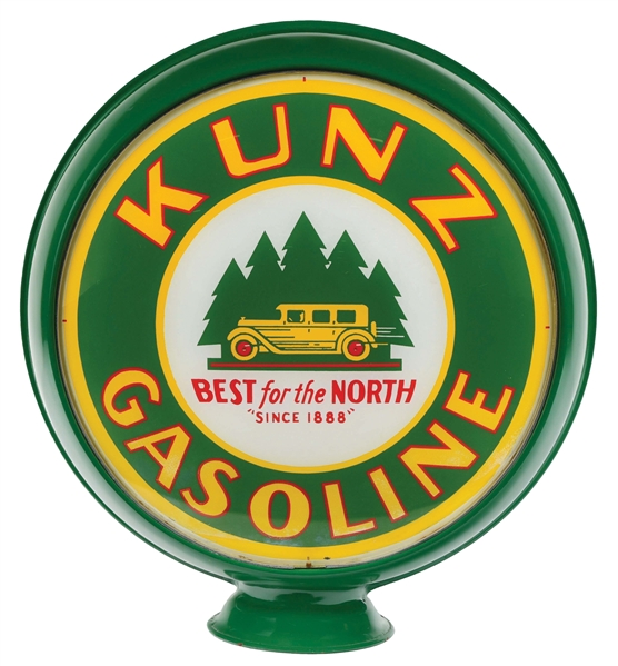INCREDIBLE KUNZ GASOLINE "BEST FOR THE NORTH" 15" SINGLE GLOBE LENS ON UNUSUAL METAL H.P. BODY. 