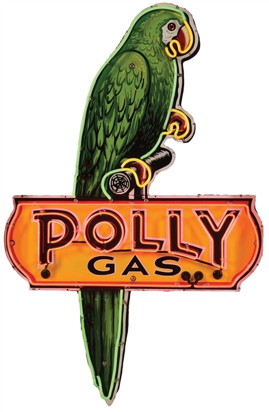 RARE POLLY GASOLINE PORCELAIN NEON SERVICE STATION SIGN W/ PARROT GRAPHIC. 