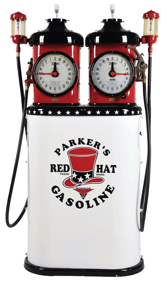 TOKHEIM MODEL #850 TWIN "VOLUMETER" GAS PUMP RESTORED IN RED HAT GASOLINE. 