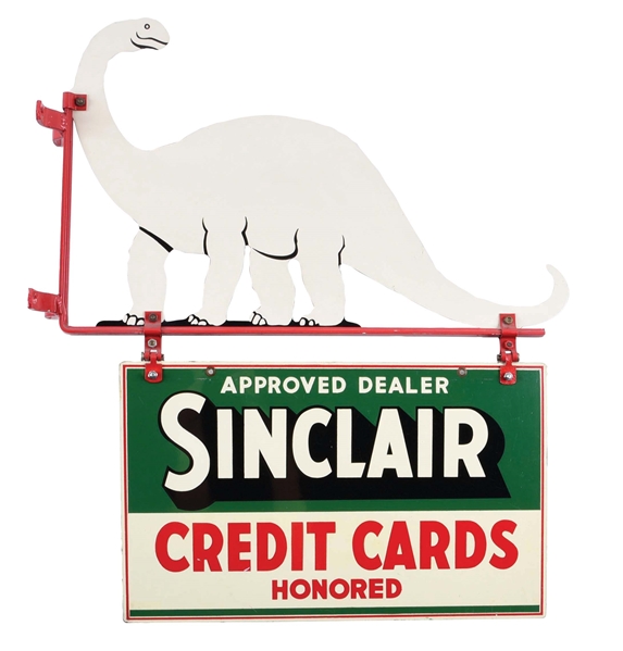 RARE SINCLAIR CREDIT CARDS HONORED TIN SERVICE STATION SIGN W/ DINO ATTACHMENT. 