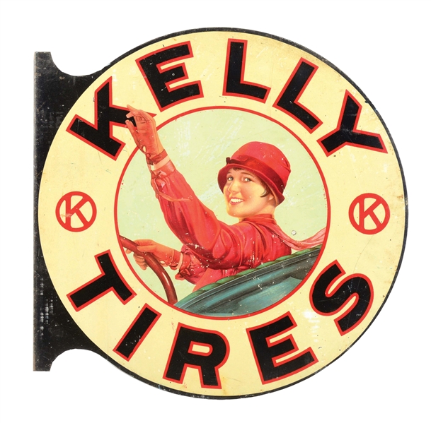 RARE KELLY TIRES SIGN TIN SERVICE STATION FLANGE SIGN W/ "LOTTA MILES" GRAPHIC. 