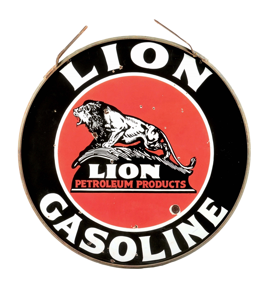 RARE LION GASOLINE & PETROLEUM PRODUCTS 42" PORCELAIN SIGN W/ LION ON ROCK GRAPHIC. 