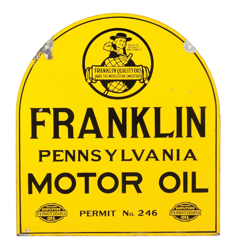 RARE FRANKLIN PENNSYLVANIA MOTOR OIL PORCELAIN SERVICE STATION SIGN W/ BEN FRANKLIN GRAPHIC. 