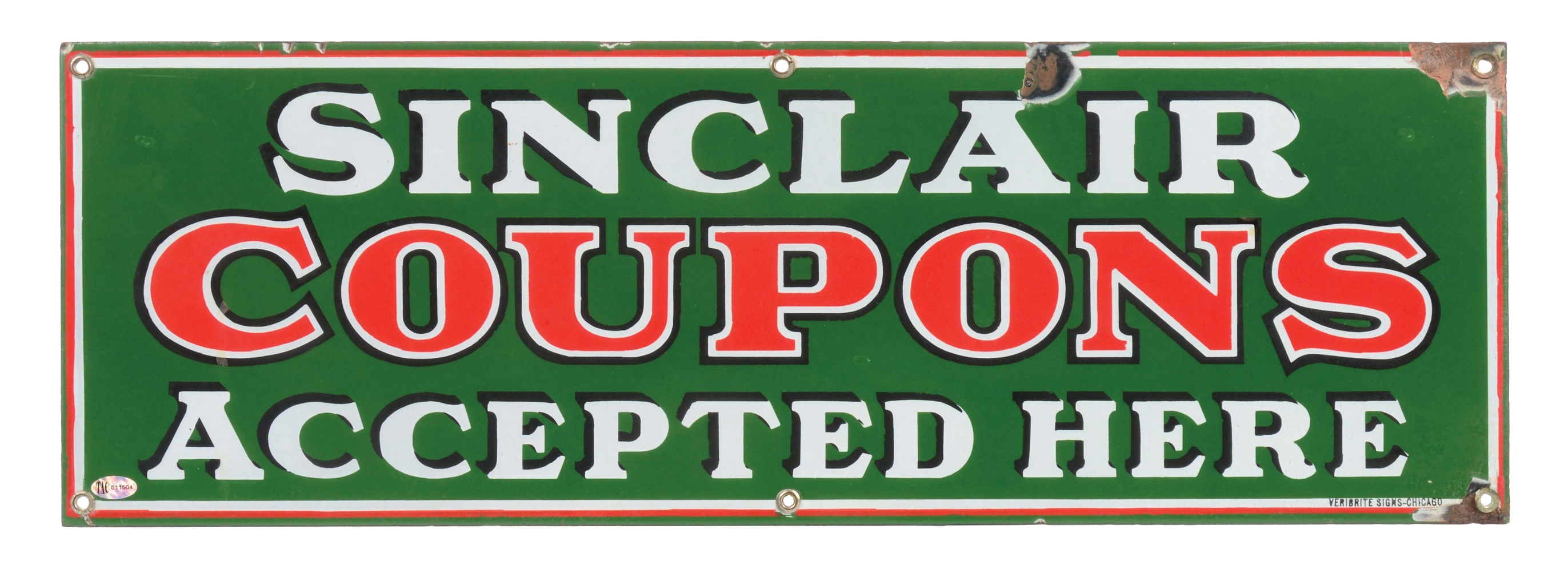 RARE SINCLAIR "COUPONS ACCEPTED HERE" PORCELAIN SERVICE STATION SIGN. 