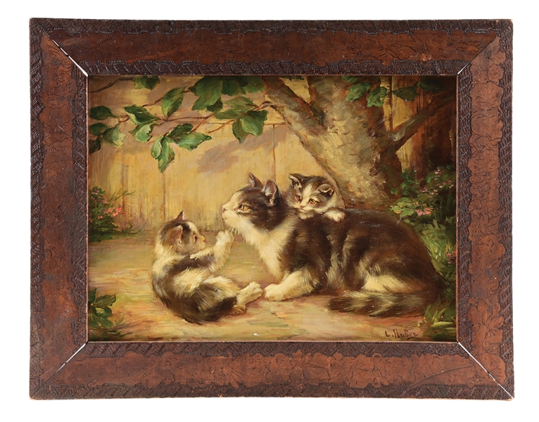 LEON HUBER (FRENCH, 1858-1928). "KITTENS AT PLAY" OIL ON CANVAS.
