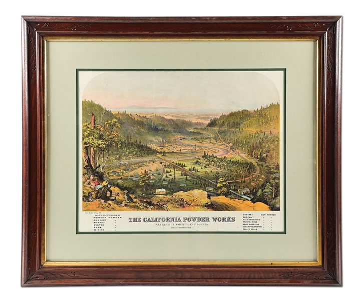 CALIFORNIA POWDER WORKS "BROADSIDE" FRAMED COLOR LITHOGRAPH.