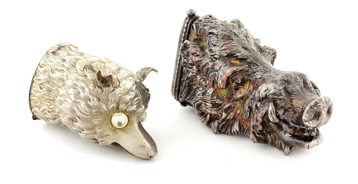 LOT OF 2: BOARS HEAD AND FOXS HEAD SILVER MATCH SAFES. 