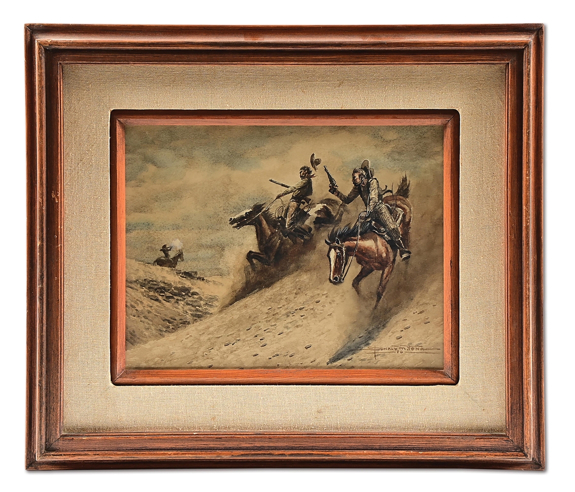 DONALD M. YENA "ONE LESS HORSE" WATERCOLOR ON PLEXIGLAS PAINTING, FRAMED.