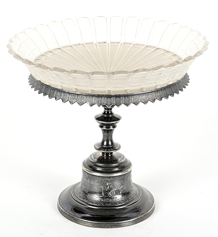 BUFFALO HUNT SILVERPLATE FROSTED GLASS COMPOTE.
