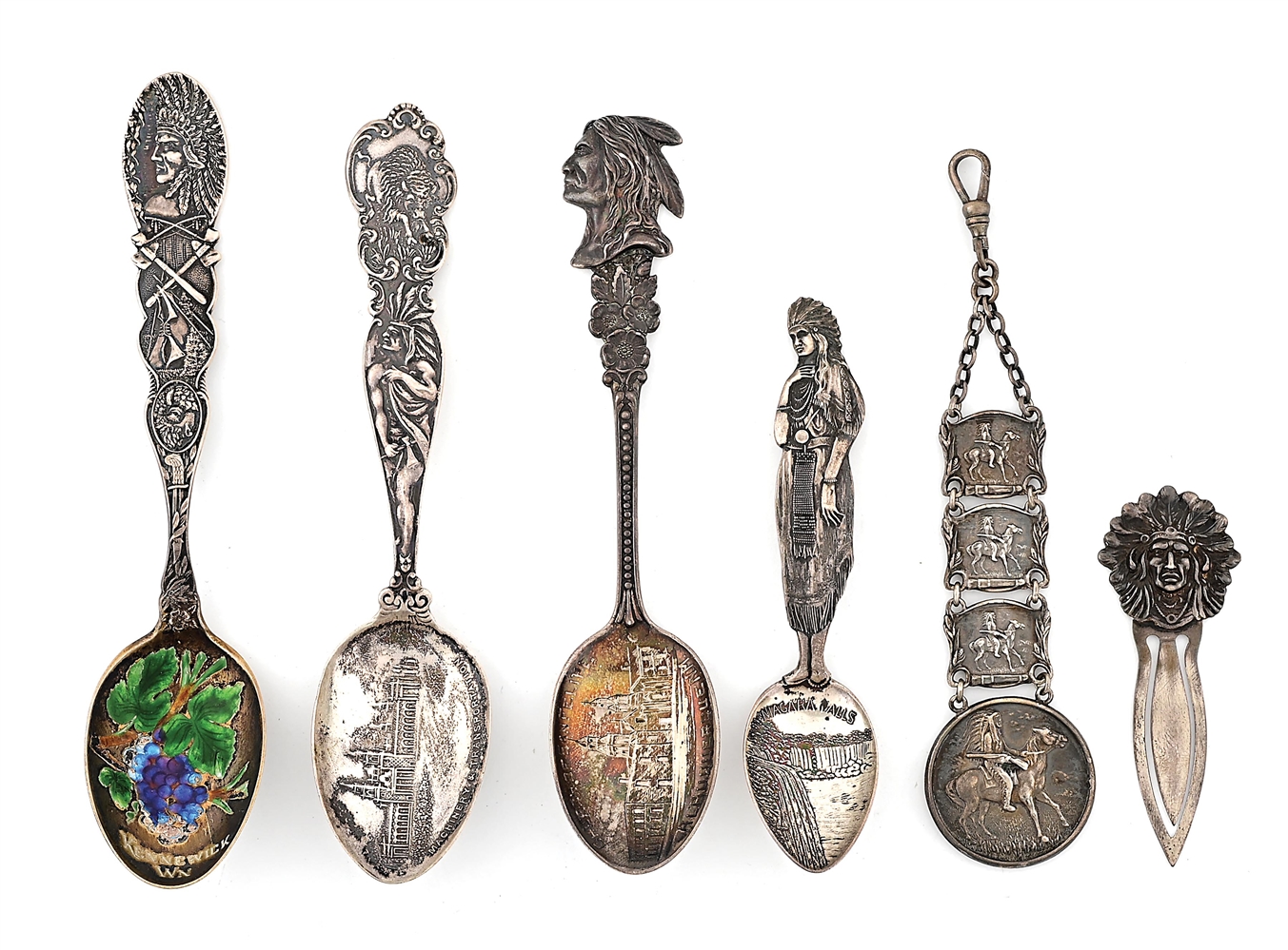 LOT OF INDIAN SOUVENIR SPOONS, WATCH FOB AND PAPERCLIP.