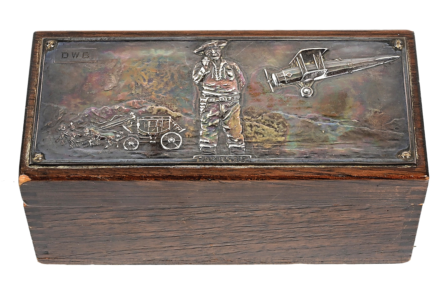 WOODEN HUMIDOR BOX WITH SILVER WESTERN SILVER MOTIF.