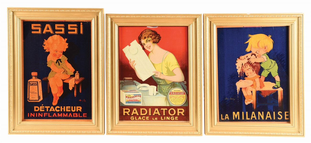 LOT OF 3: FRAMED FRENCH ADVERTISEMENTS.