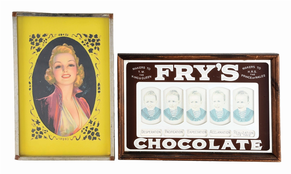 LOT OF 2: FRAMED FRYS CHOCOLATE AND FRAMED REVERSE GLASS SIGN FOR UNNOTED MFG OF PRETTY YOUNG WOMAN.