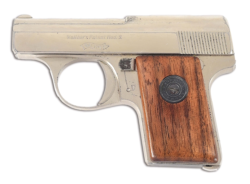 (C) NICKEL FINISHED WALTHER MODEL 9 SEMI AUTOMATIC POCKET PISTOL.