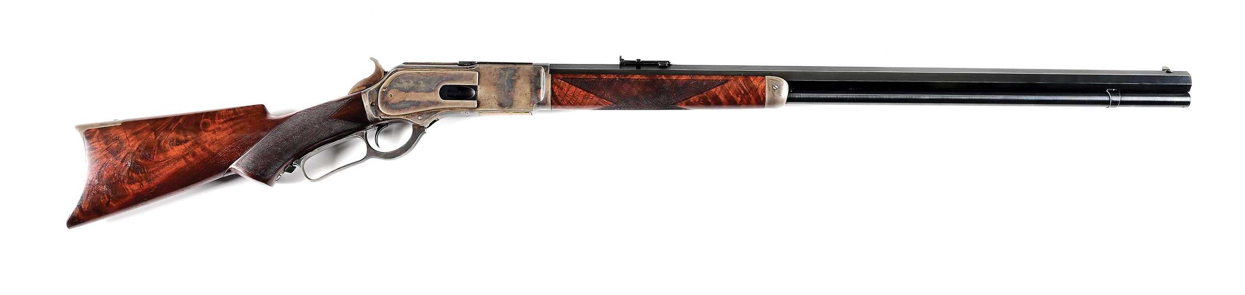 (A) ATTRACTIVE SPECIAL ORDER WINCHESTER MODEL 1876 LEVER ACTION RIFLE IN DELUXE CONFIGURATION.