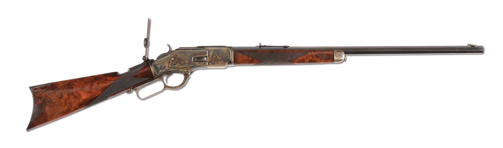 (A) RARE HIGH CONDITION DELUXE WINCHESTER MODEL 1873 LEVER ACTION RIFLE WITH RARE STRAIGHT GRIP STOCK.