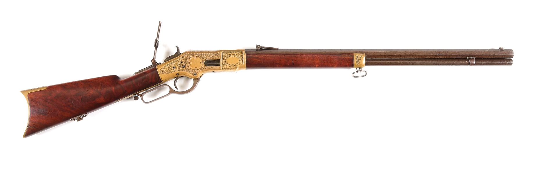 (A) ENGRAVED WINCHESTER MODEL 1866 LEVER ACTION RIFLE.