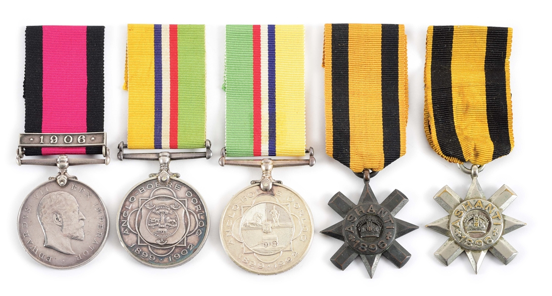 LOT OF 5: 2 ASHANTI STARS, 2 SOUTH AFRICAN REPUBLIC AND ORANGE FREE STATE WAR MEDALS, AND 1 NATAL NATIVE REBELLION MEDAL, MOST NAMED.