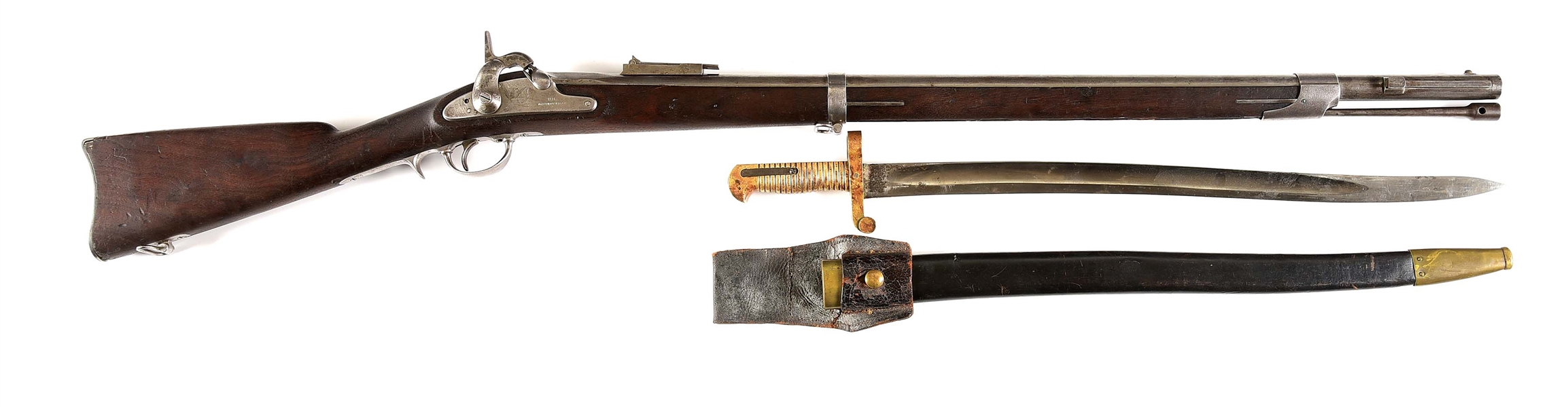 (A) WHITNEYVILLE MODEL 1861 PLYMOUTH RIFLE WITH BAYONET & SCABBARD.