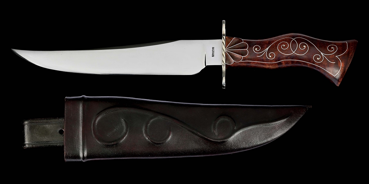 MORAN ST-24 BOWIE KNIFE WITH MORAN MARKED LEATHER WRAPPED SCABBARD.