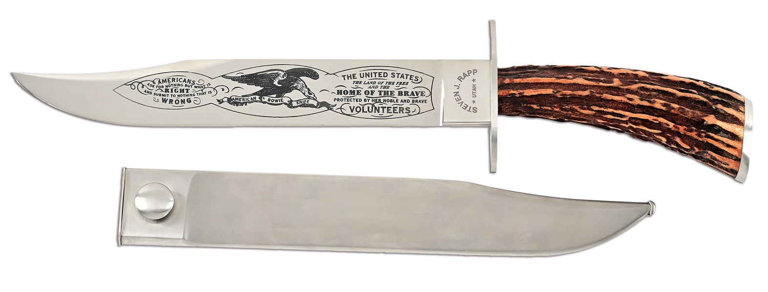 RAPP CUSTOM PATRIOTIC BOWIE KNIFE WITH STAG HANDLE.