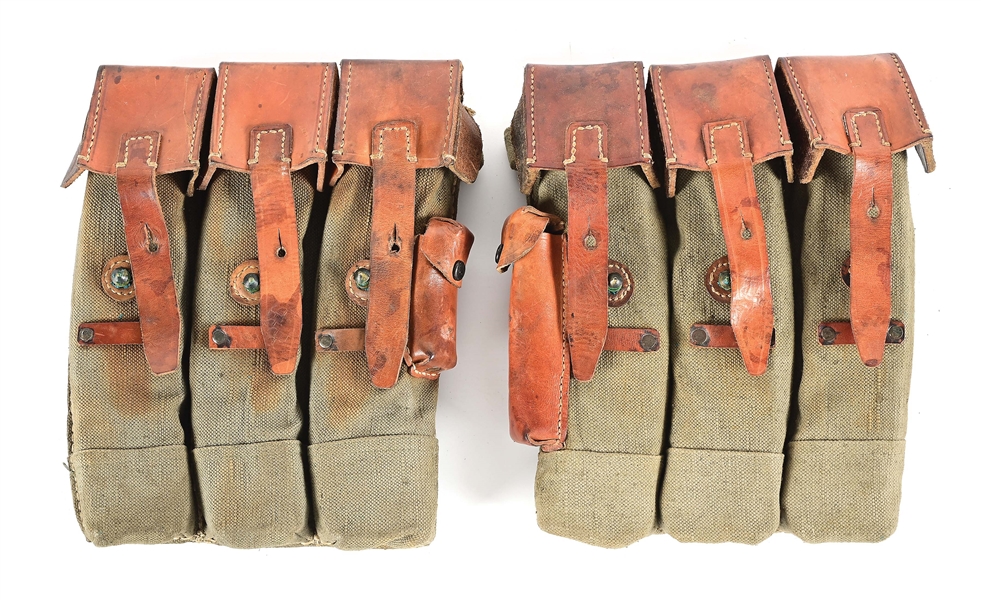 EXTREMELY FINE GERMAN WORLD WAR II LATE WAR MP-44 MAGAZINES IN REPRODUCTION "45" DATE STG44 3-CELL MAGAZINE POUCHES.