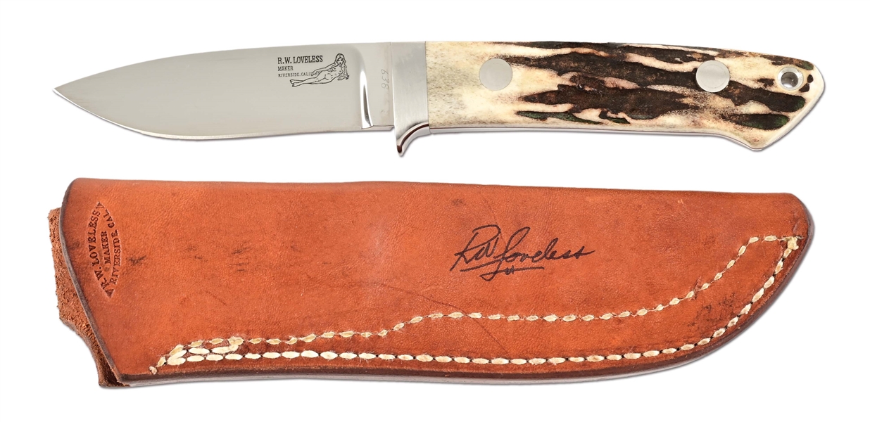 LOVELESS STAG HANDLED DROP POINT FIXED BLADE KNIFE IN LOVELESS MARKED SCABBARD.