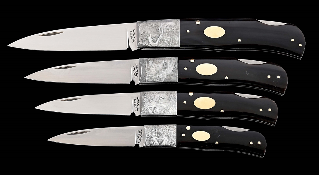 MAGNIFICENT SET OF 4 JESS HORN FOLDING KNIVES ENGRAVED BY FIRMO FRACASSI.